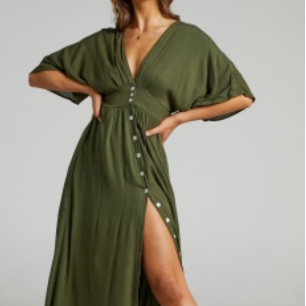 Showpo Sitting Pretty Button Down Midi Dress Olive Green Size 8